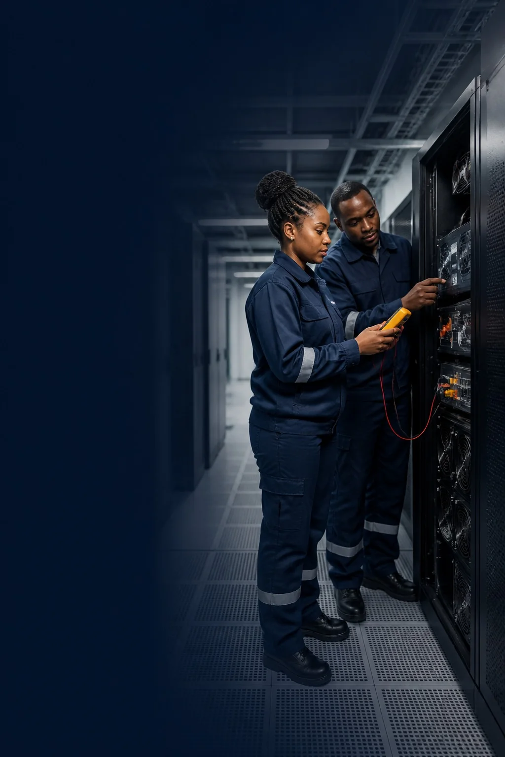 Technical team inspecting equipment in a server room