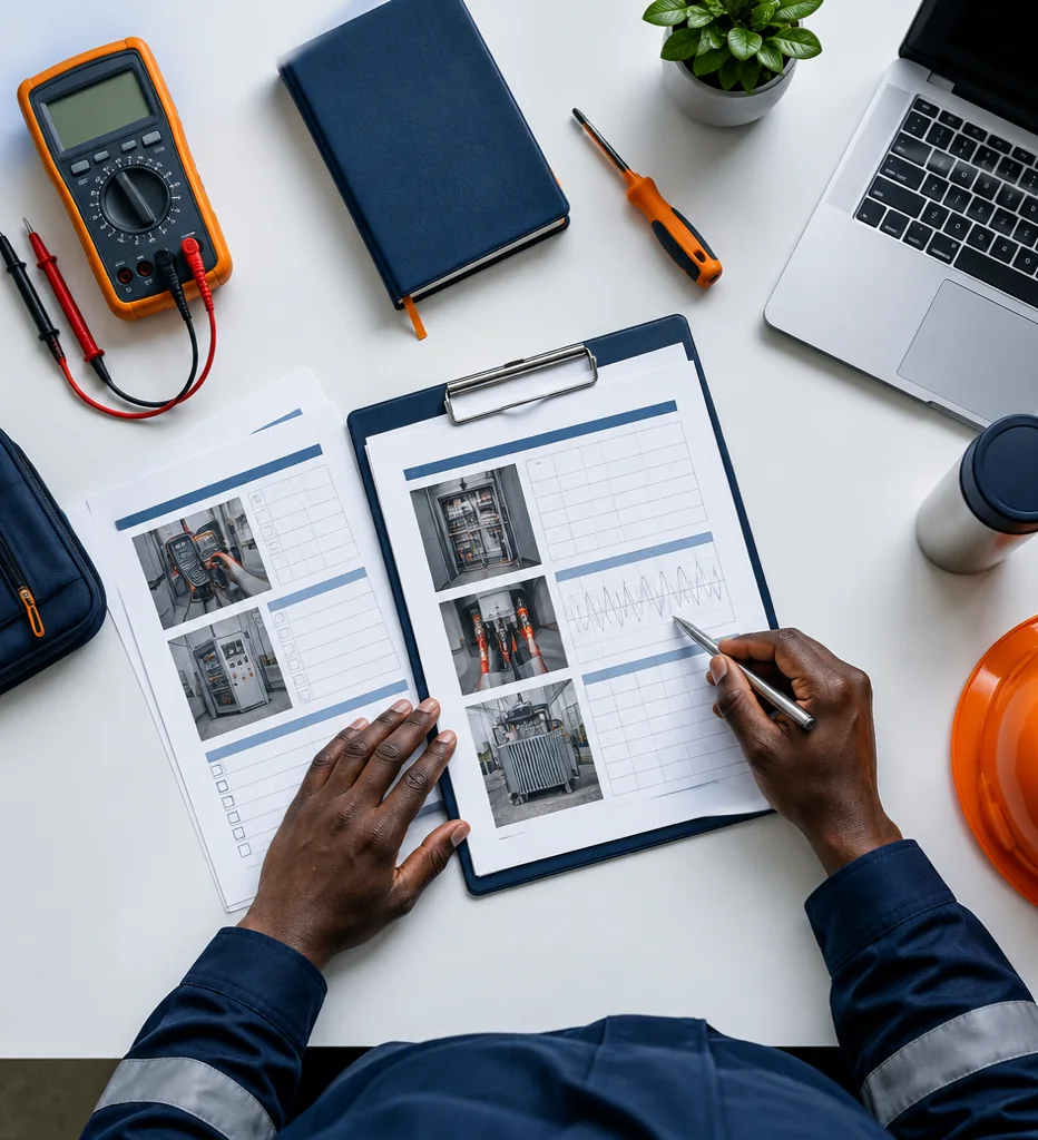 Technician reviewing an equipment inspection and test report
