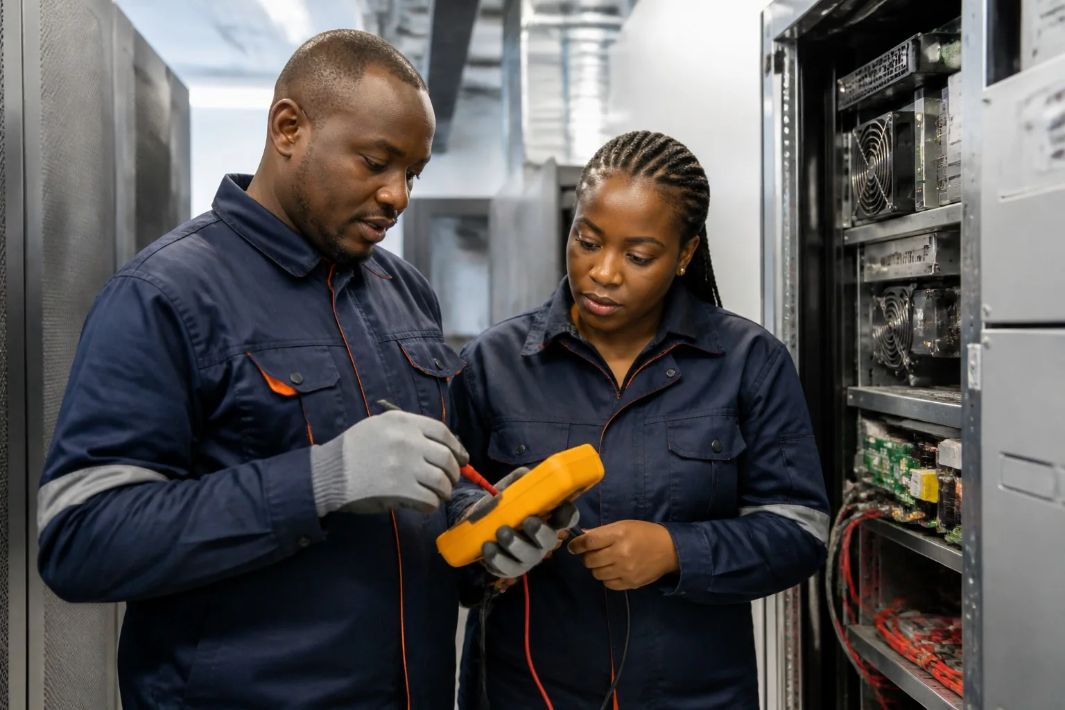 Technical staff assessing equipment